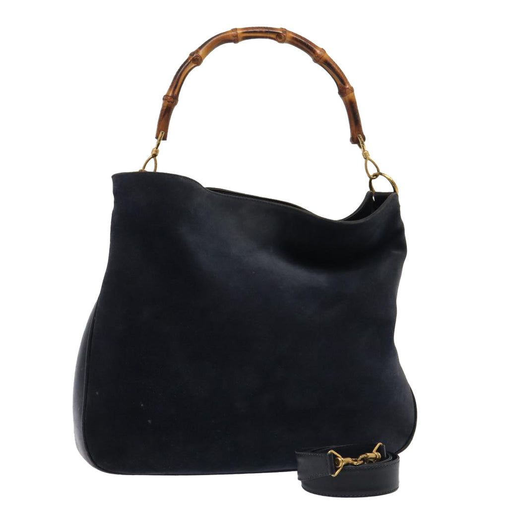 GUCCI Bamboo Hand Bag Suede 2way Navy Gold 001 1014 1577 0 86262