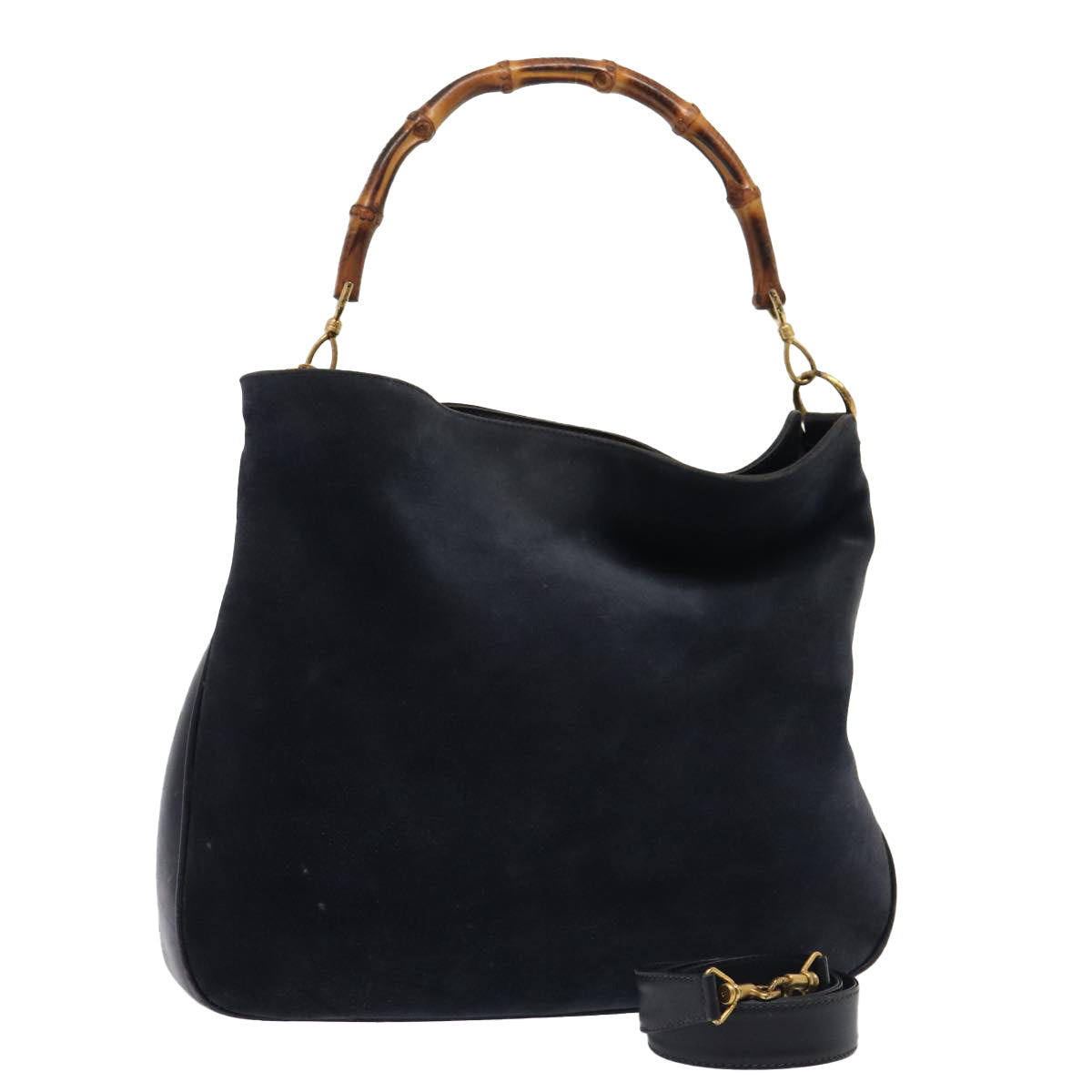 GUCCI Bamboo Hand Bag Suede 2way Navy Gold 001 1014 1577 0 86262