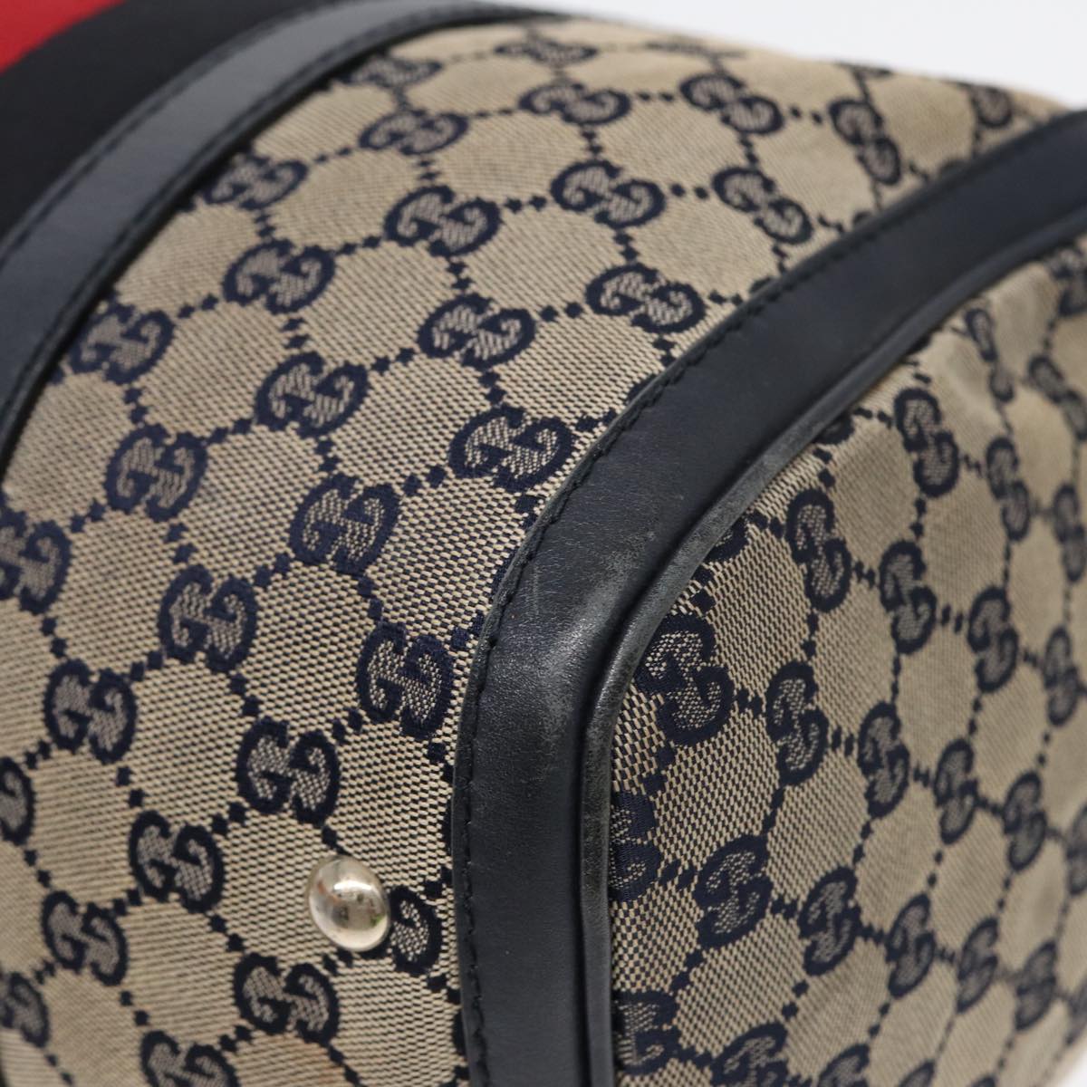 GUCCI GG Canvas Boston Bag 2way Beige Navy Silver 247205 86270