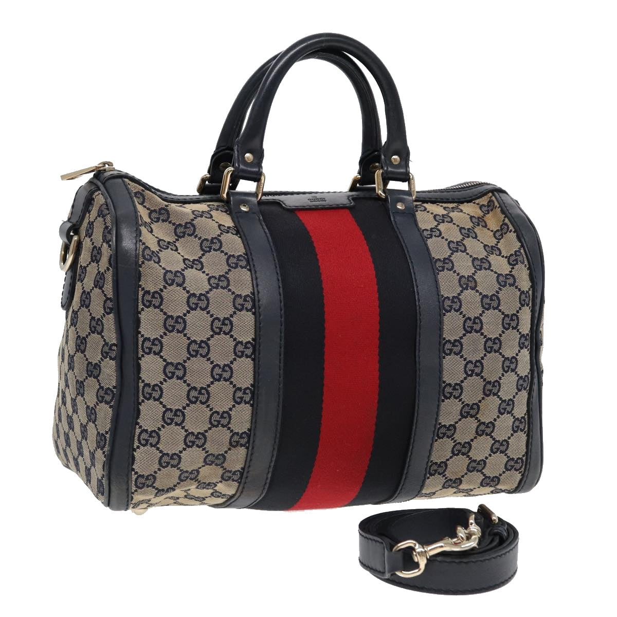 GUCCI GG Canvas Boston Bag 2way Beige Navy Silver 247205 86270