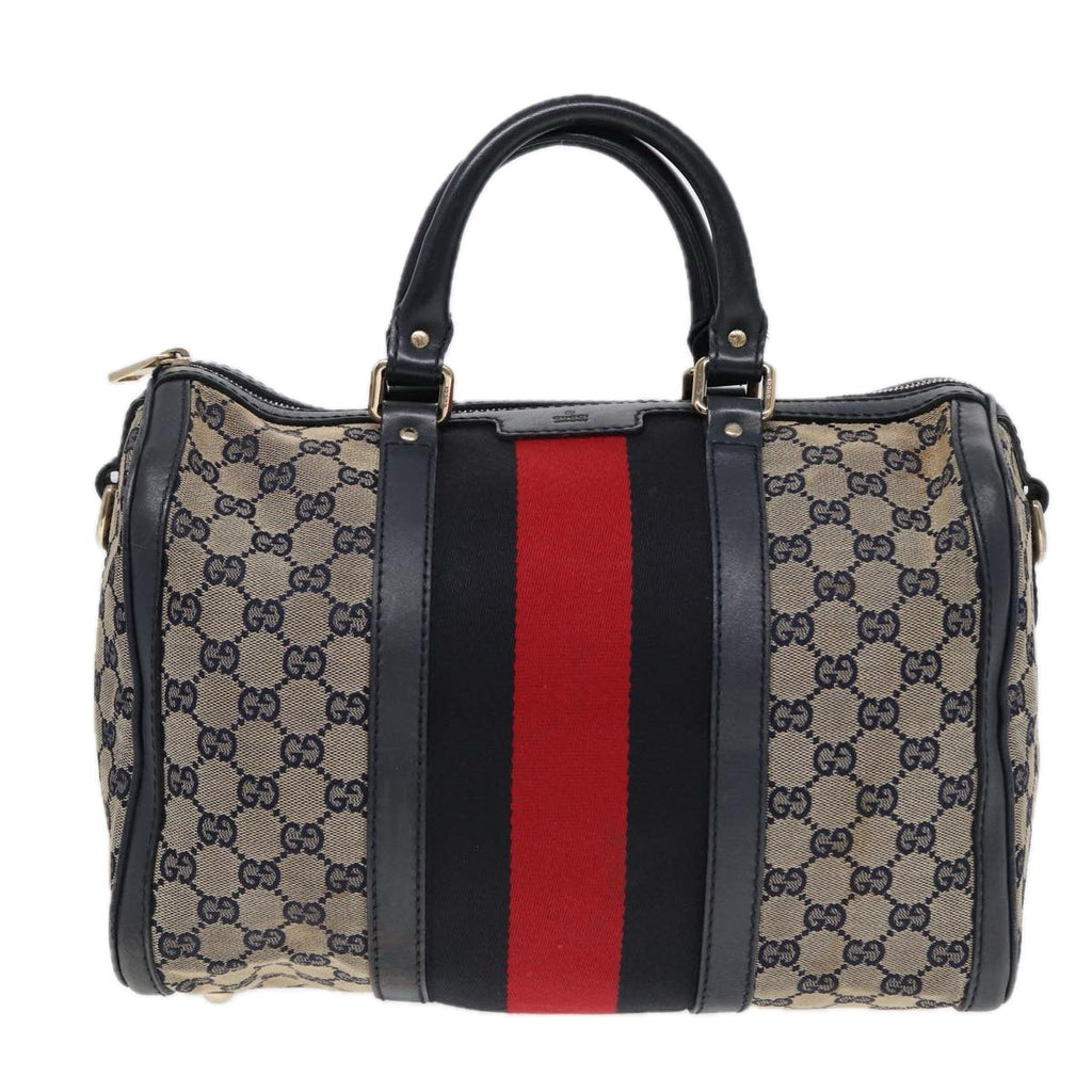GUCCI GG Canvas Boston Bag 2way Beige Navy Silver 247205 86270