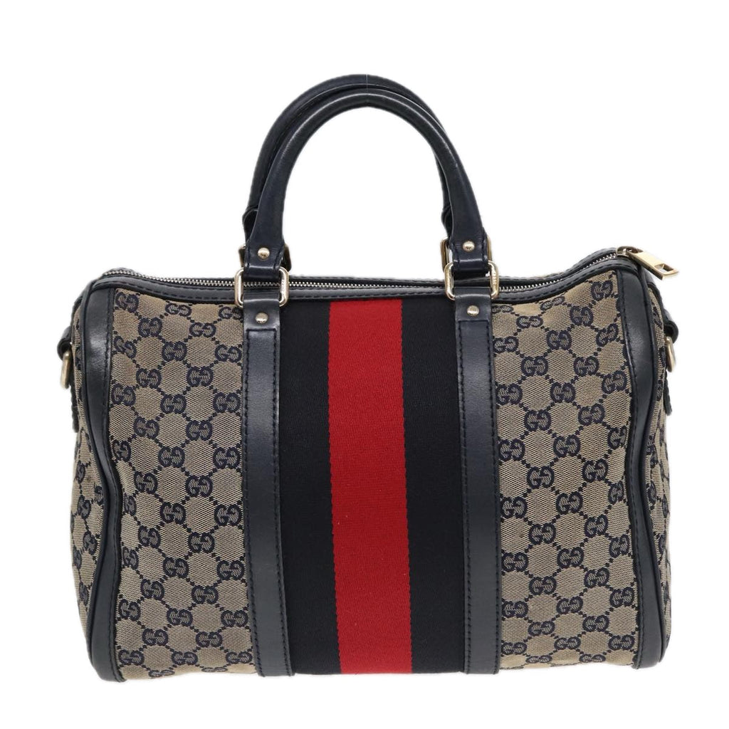 GUCCI GG Canvas Boston Bag 2way Beige Navy Silver 247205 86270