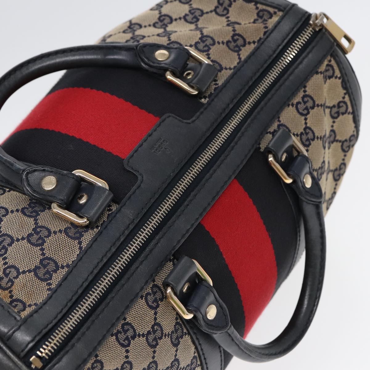 GUCCI GG Canvas Boston Bag 2way Beige Navy Silver 247205 86270