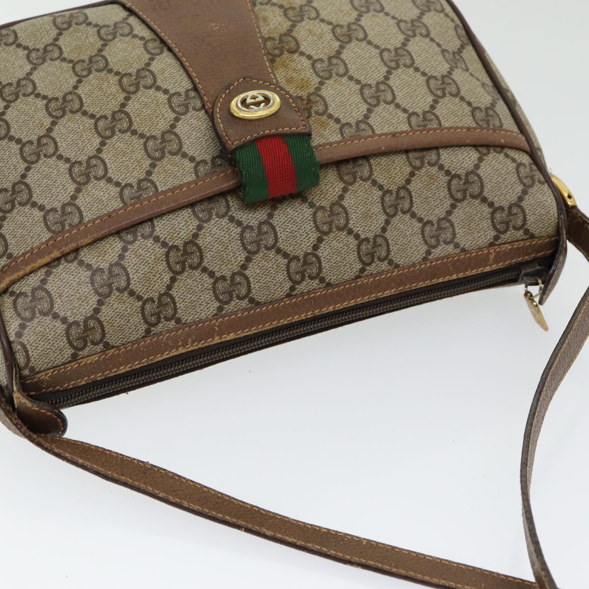 GUCCI GG Canvas Web Sherry Line Shoulder Bag PVC Beige Green Red 86406