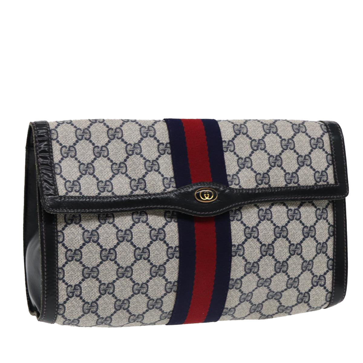 GUCCI GG Supreme Sherry Line Clutch Bag PVC Navy Gold 67 014 3087 86554