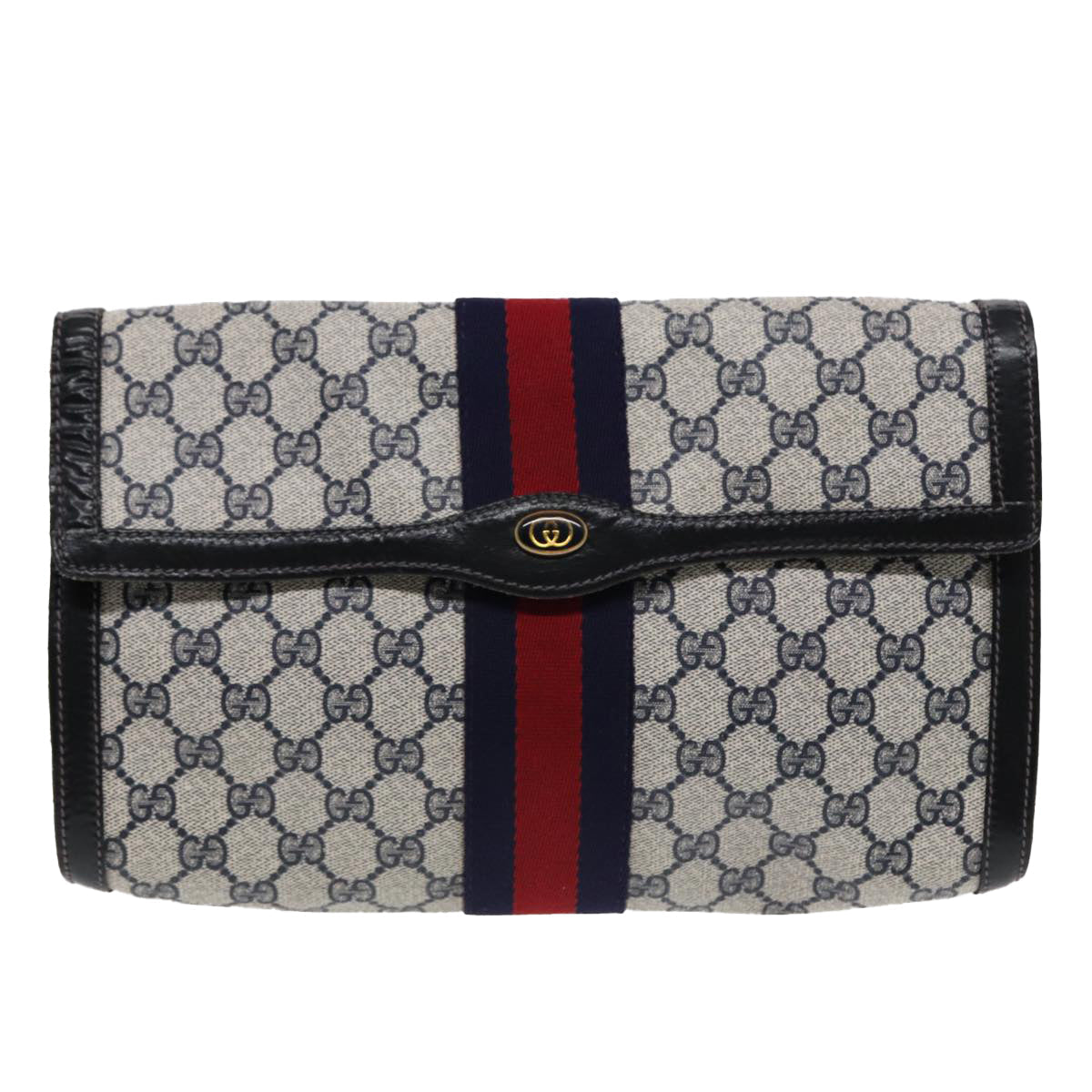 GUCCI GG Supreme Sherry Line Clutch Bag PVC Navy Gold 67 014 3087 86554