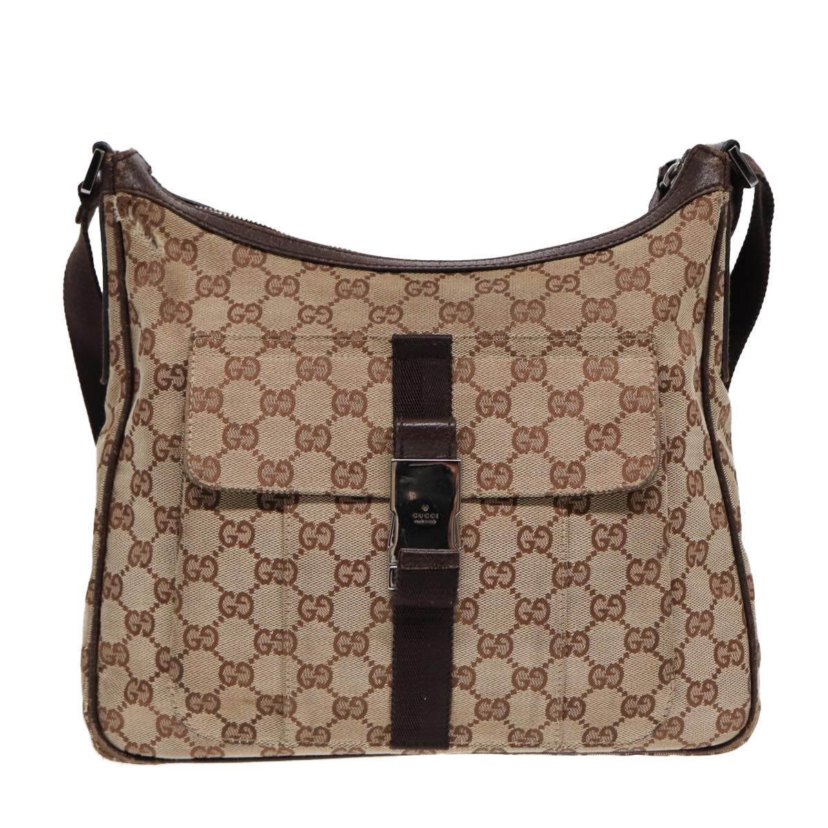 GUCCI GG Canvas Shoulder Bag Beige Brown Silver 131211 86557