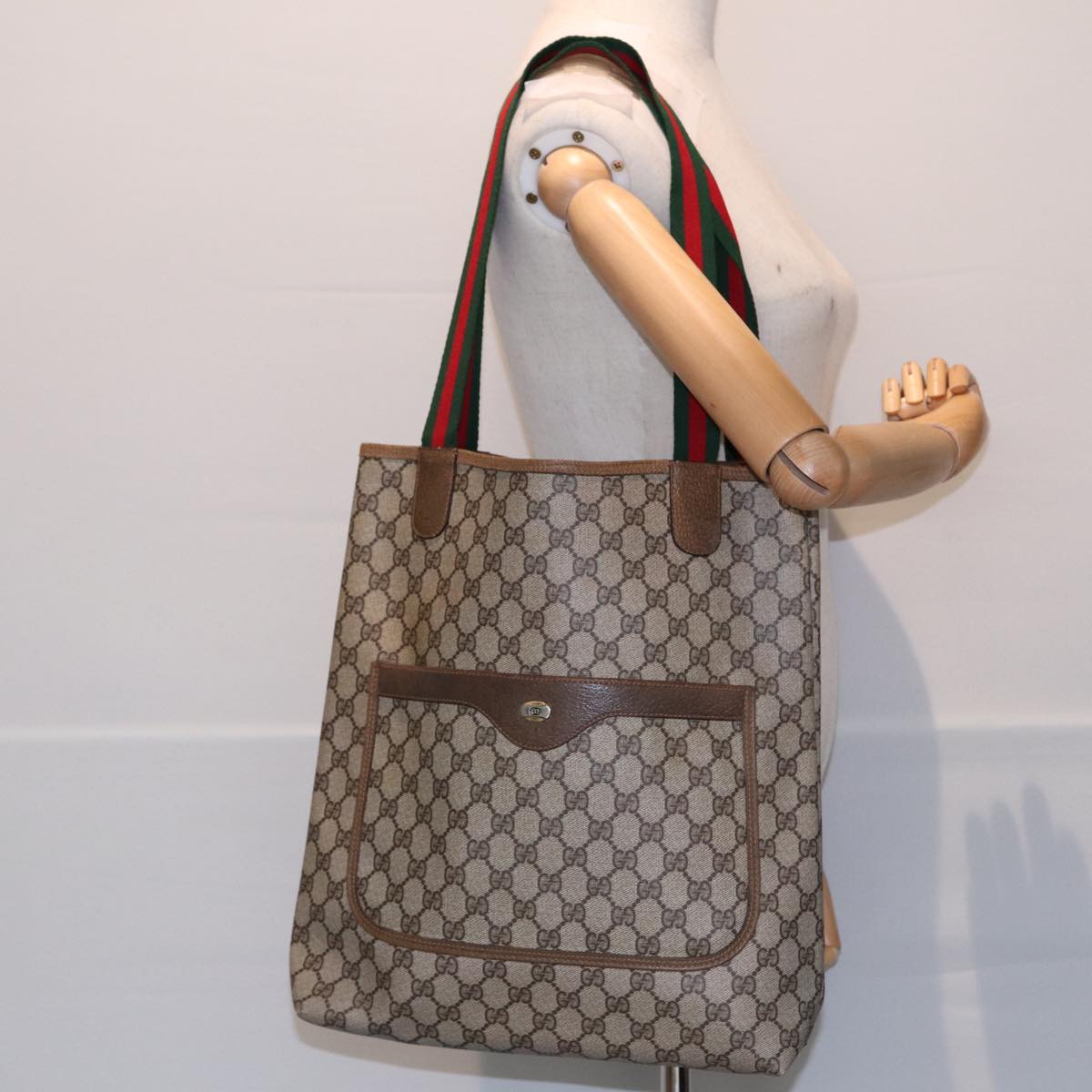 GUCCI GG Supreme Web Sherry Line Tote Bag PVC Leather Beige 39 02 003 86559