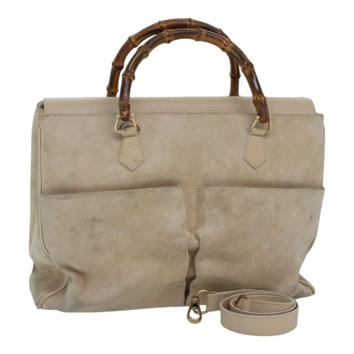 GUCCI Bamboo Hand Bag Suede 2way Beige Gold 002 2855 0322 0 86613