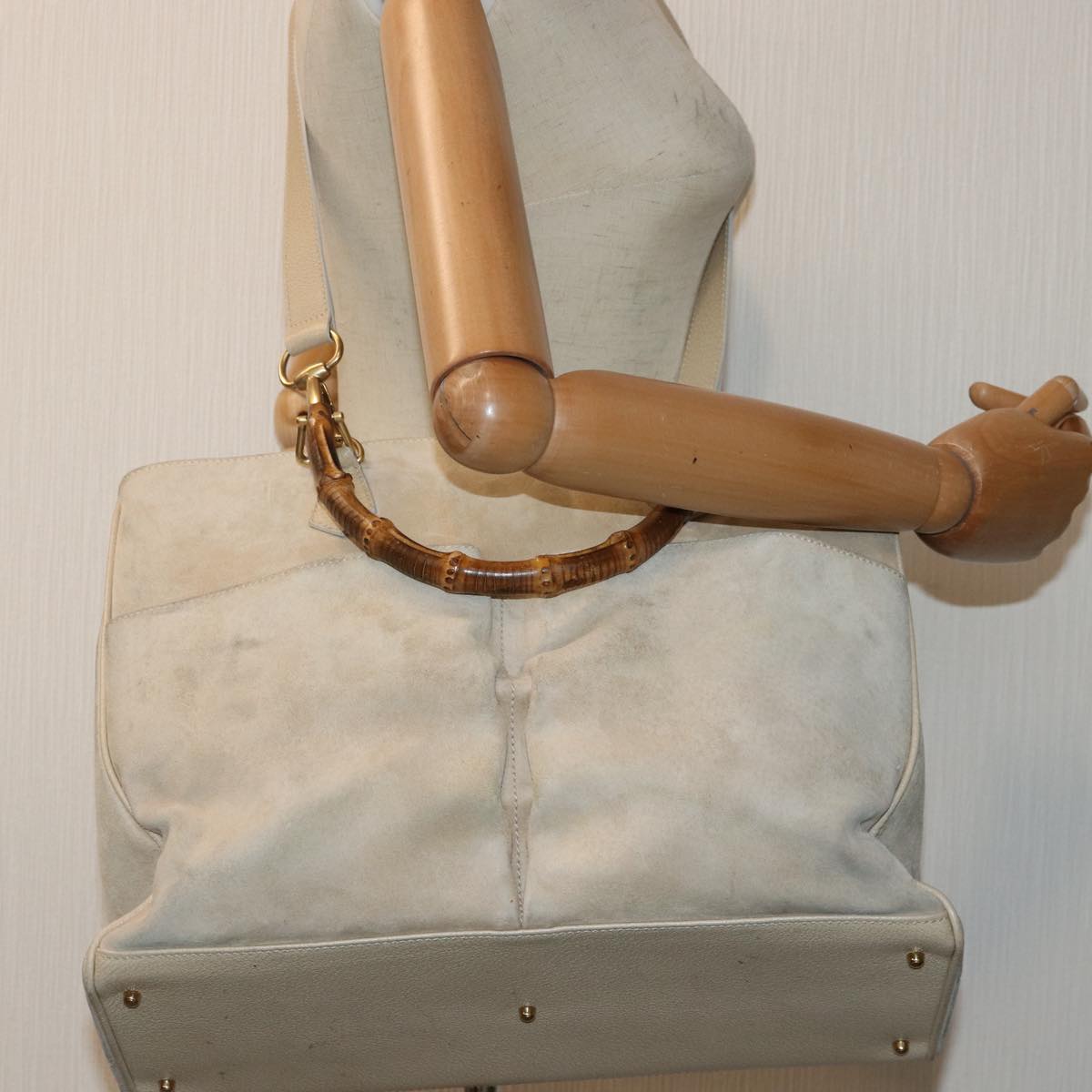 GUCCI Bamboo Hand Bag Suede 2way Beige Gold 002 2855 0322 0 86613