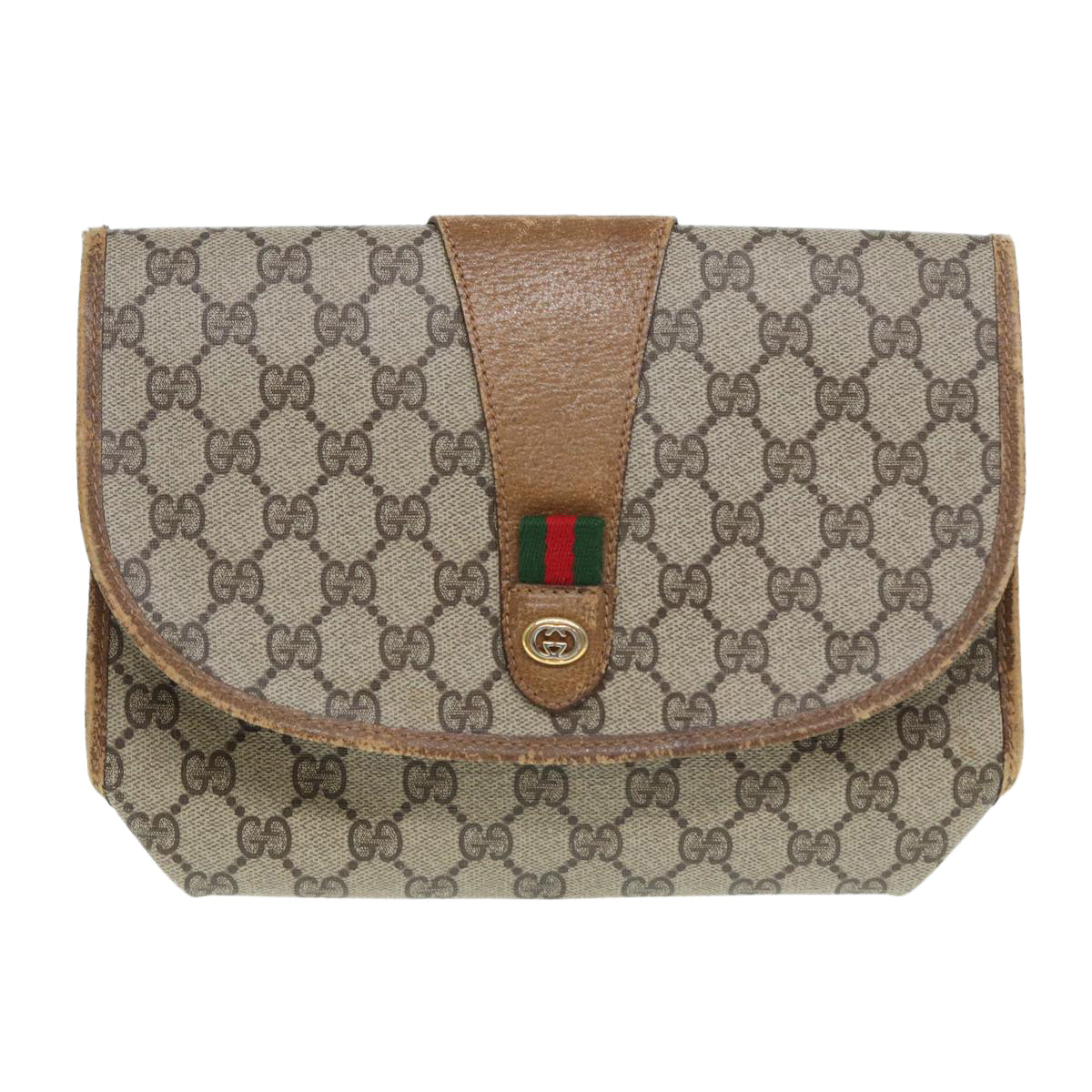 GUCCI GG Supreme Web Sherry Line Clutch Bag PVC Beige Gold 89 01 030 86641