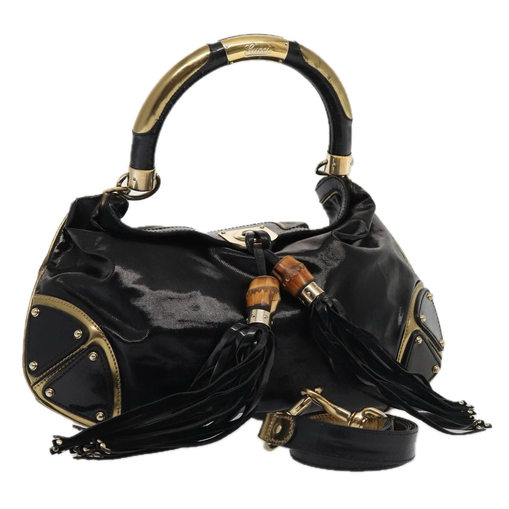 GUCCI Hand Bag Enamel 2way Black Gold 185566 86648