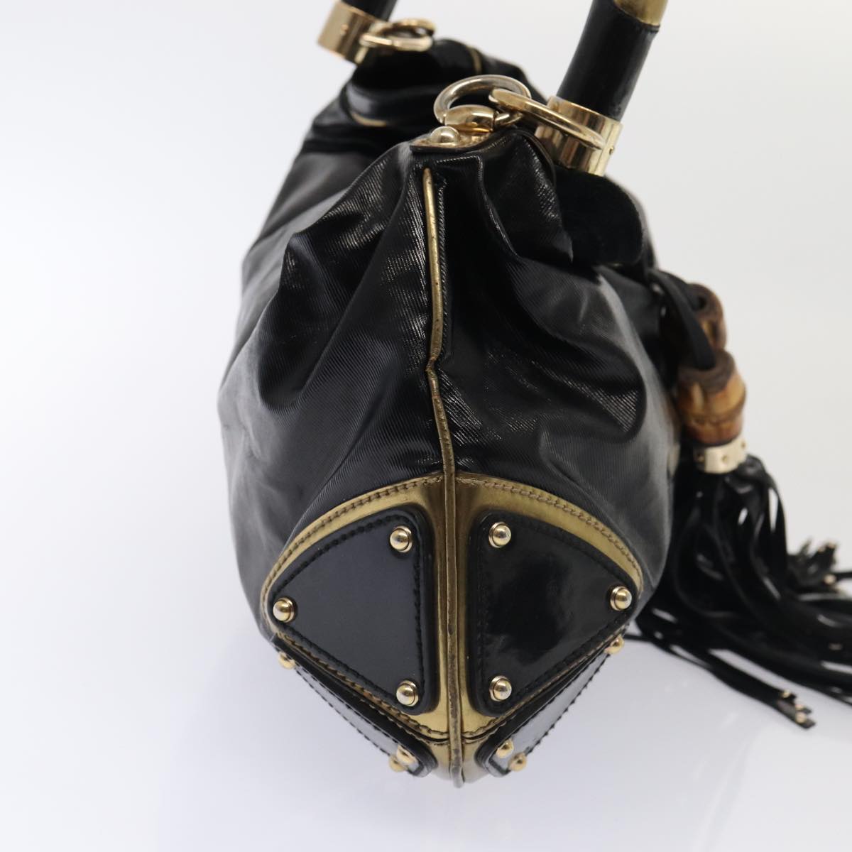 GUCCI Hand Bag Enamel 2way Black Gold 185566 86648
