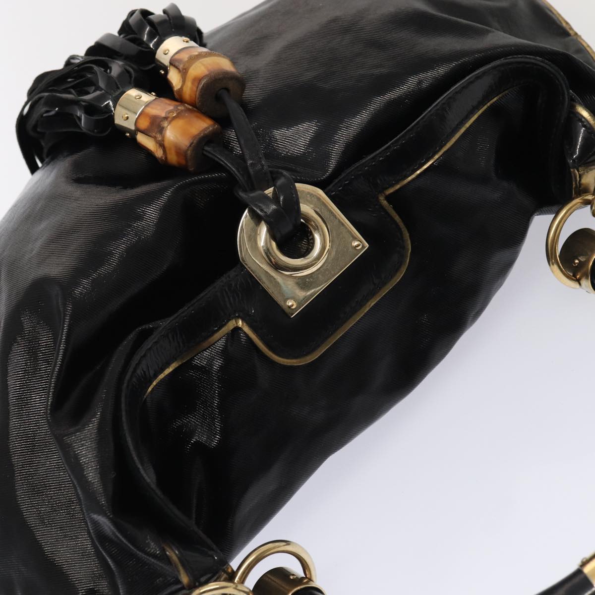 GUCCI Hand Bag Enamel 2way Black Gold 185566 86648