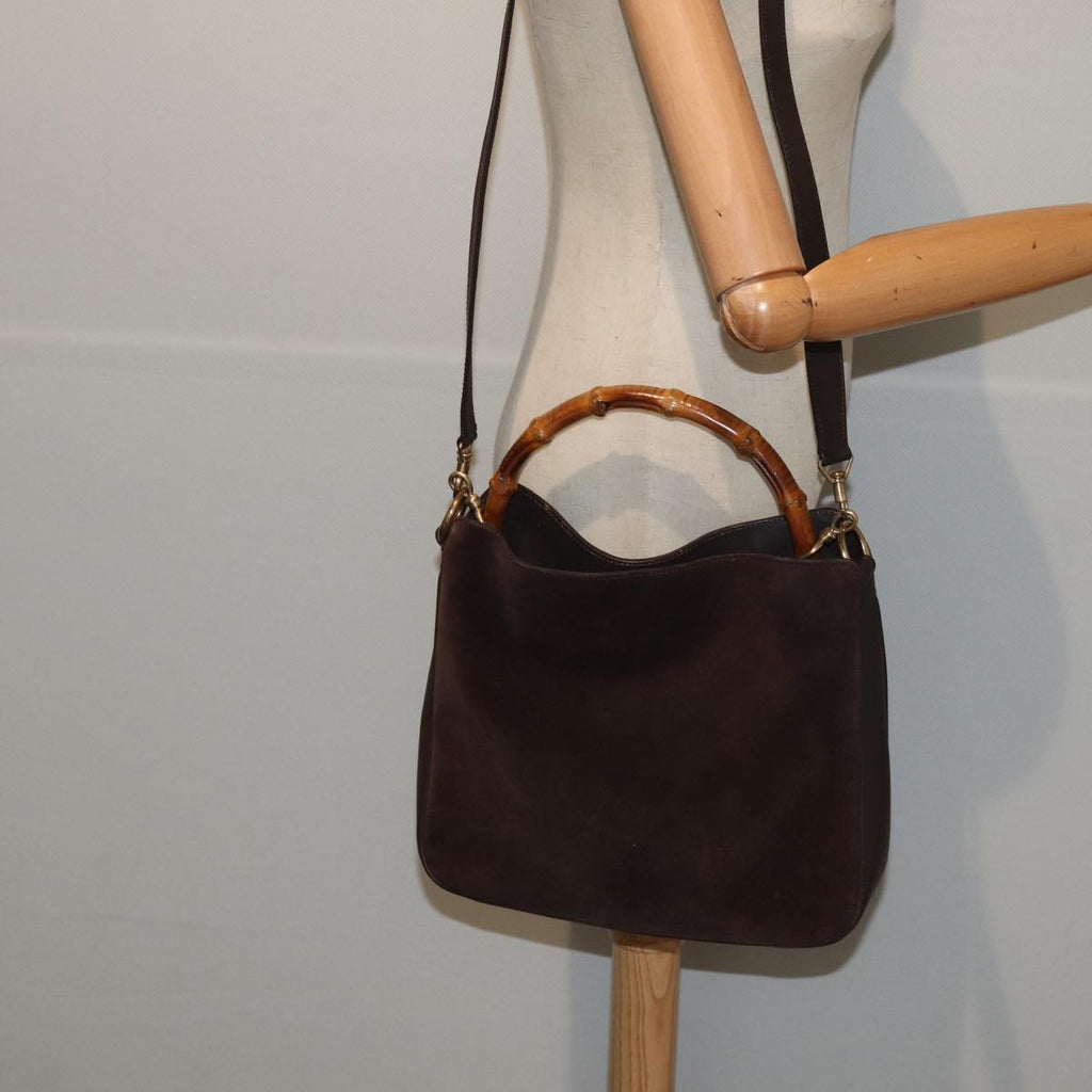GUCCI Bamboo Shoulder Bag Suede 2way Brown Gold 001 1705 1638 86649