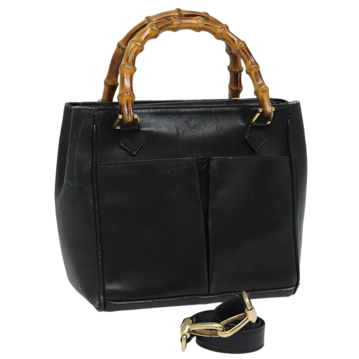 GUCCI Bamboo Hand Bag Leather 2way Black Gold 000 123 0316 86705