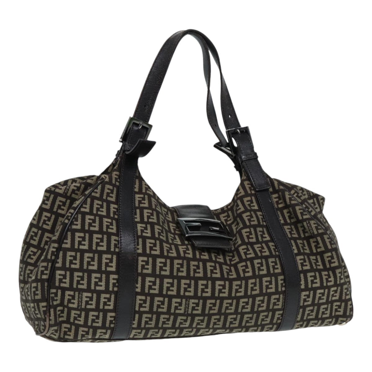 FENDI Zucchino Canvas Mamma Shoulder Bag Brown Black Silver 86710