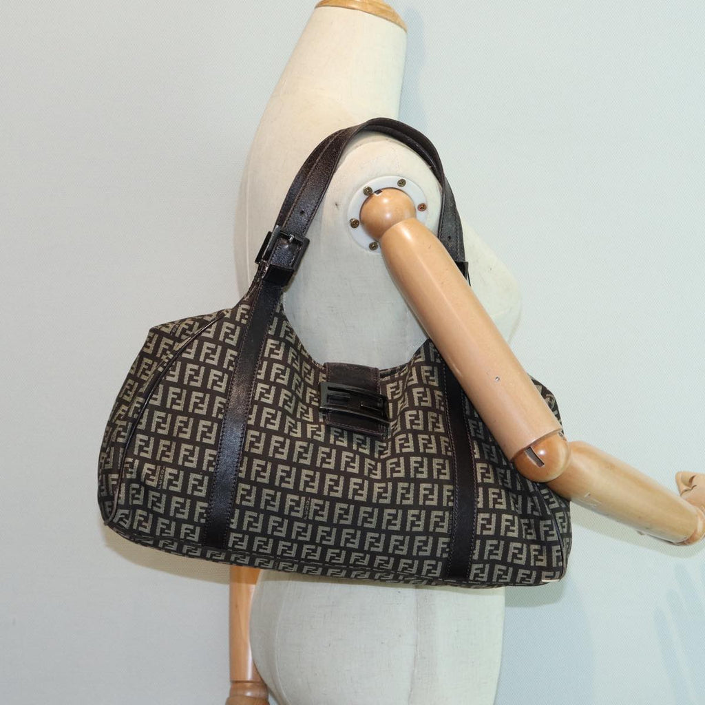 FENDI Zucchino Canvas Mamma Shoulder Bag Brown Black Silver 86710