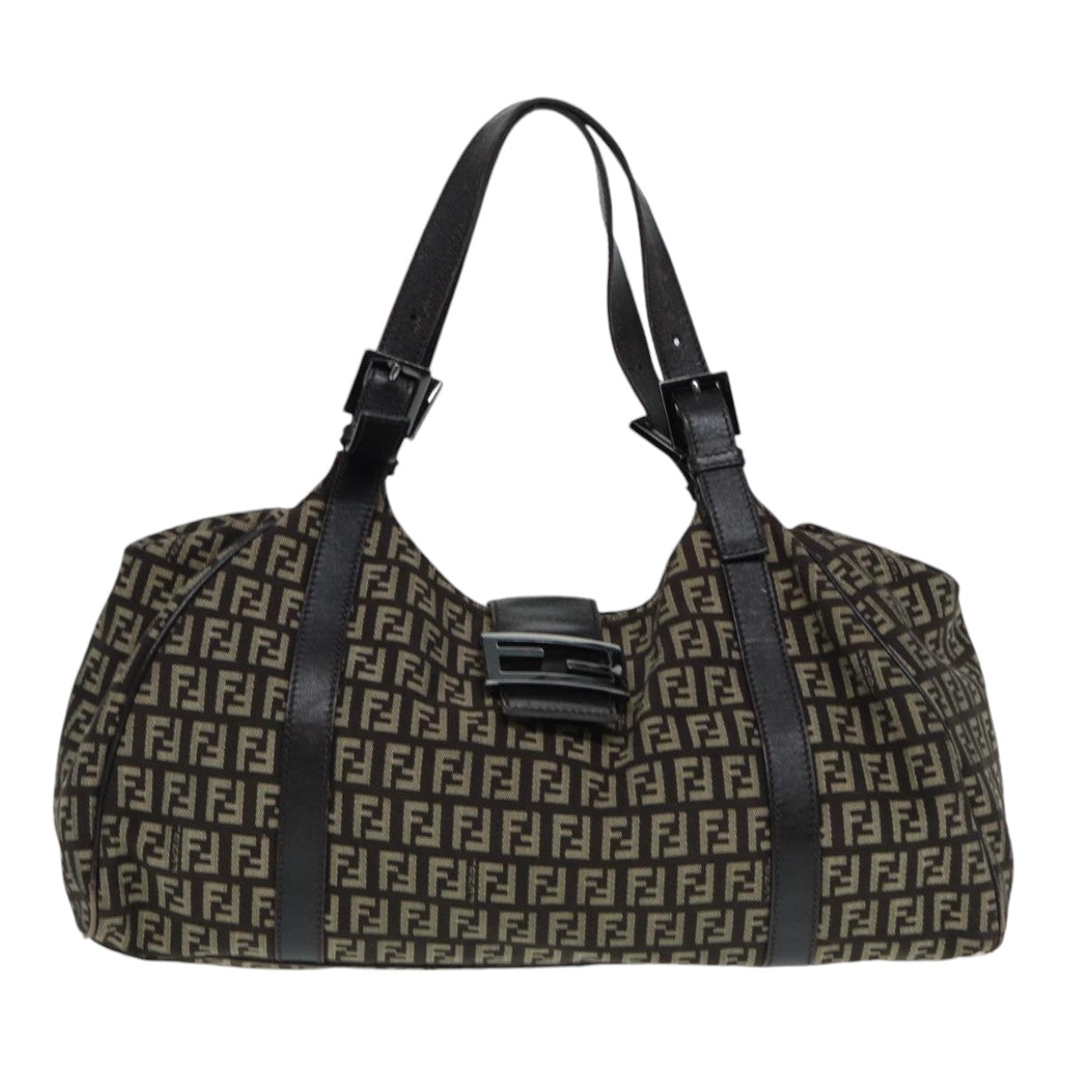 FENDI Zucchino Canvas Mamma Shoulder Bag Brown Black Silver 86710