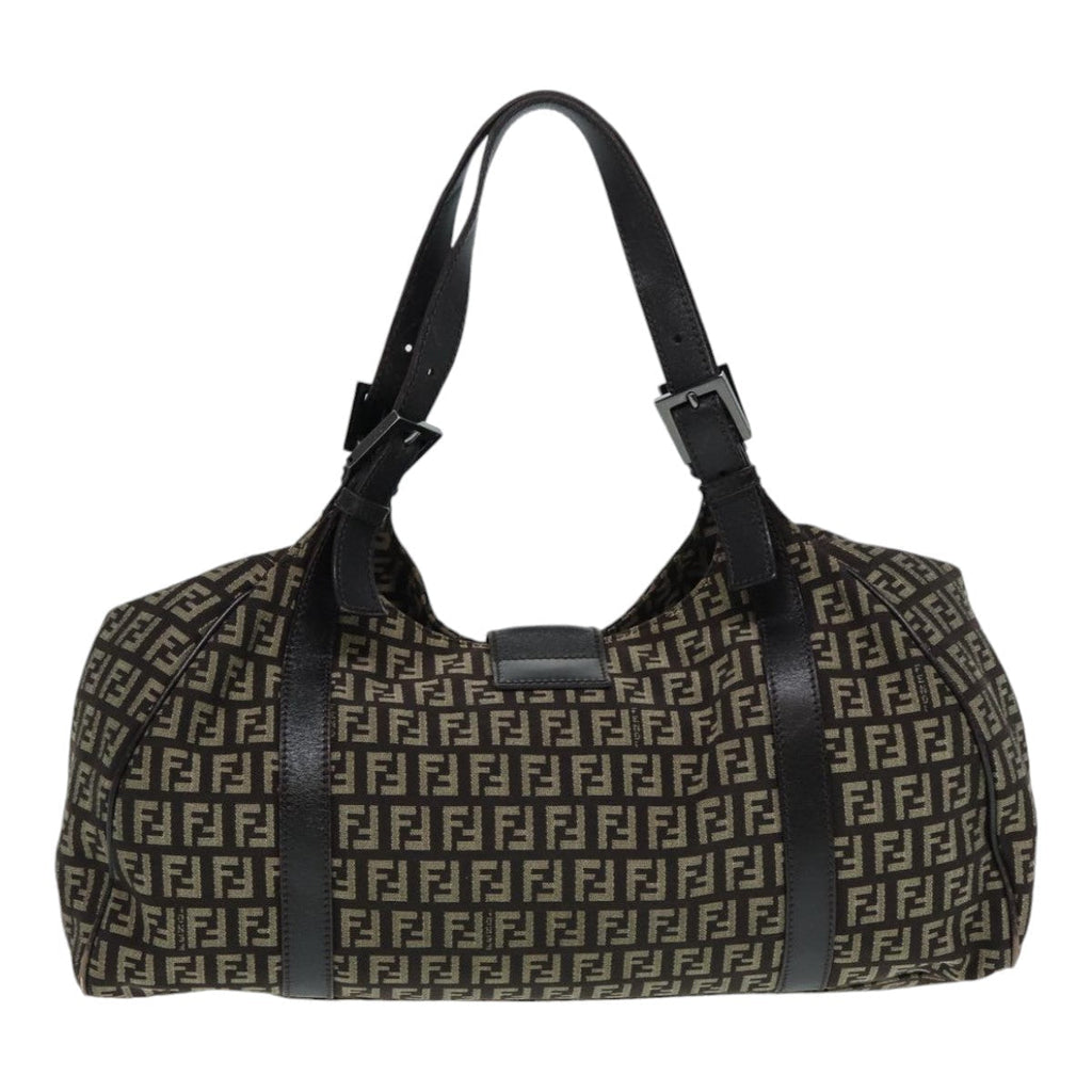 FENDI Zucchino Canvas Mamma Shoulder Bag Brown Black Silver 86710