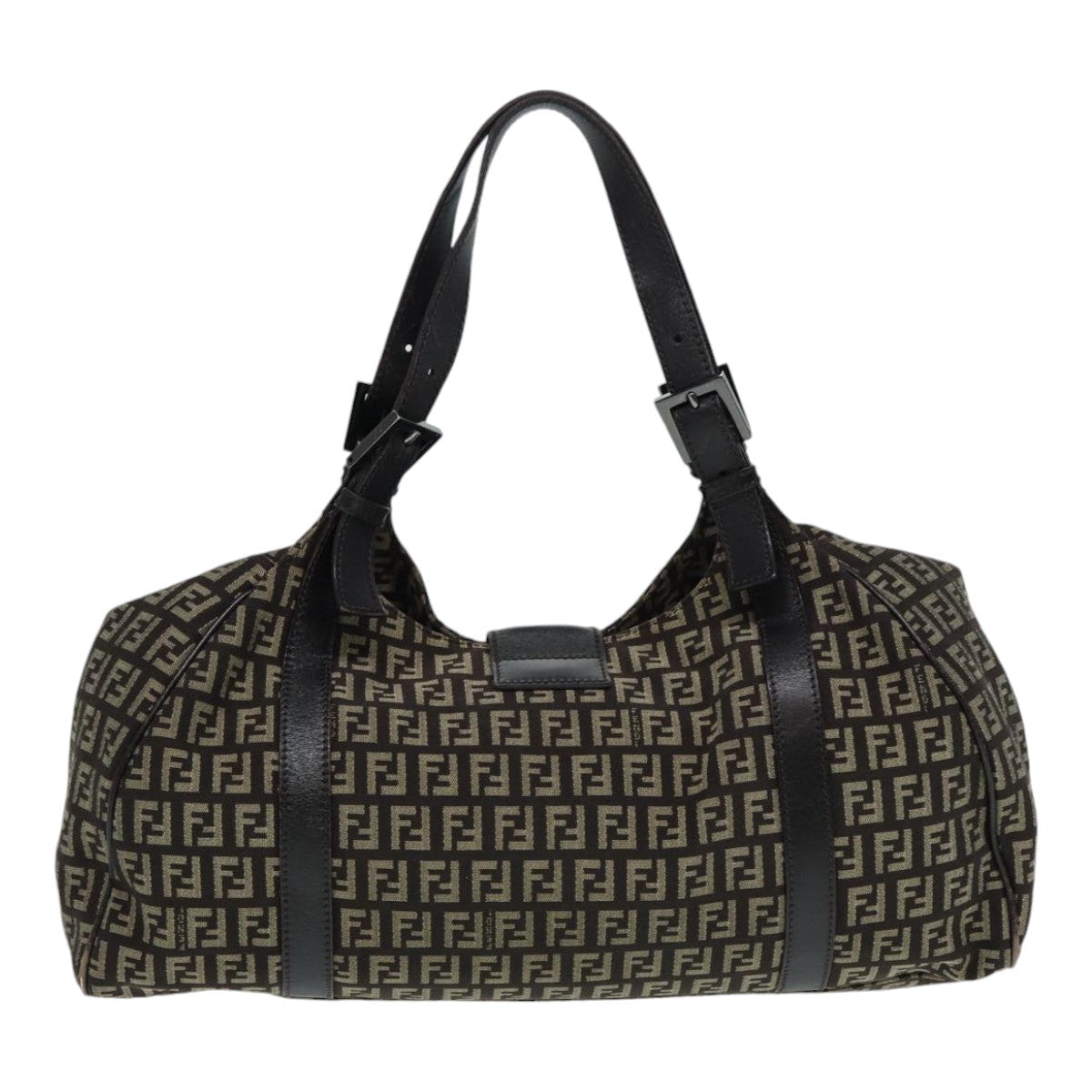 FENDI Zucchino Canvas Mamma Shoulder Bag Brown Black Silver 86710
