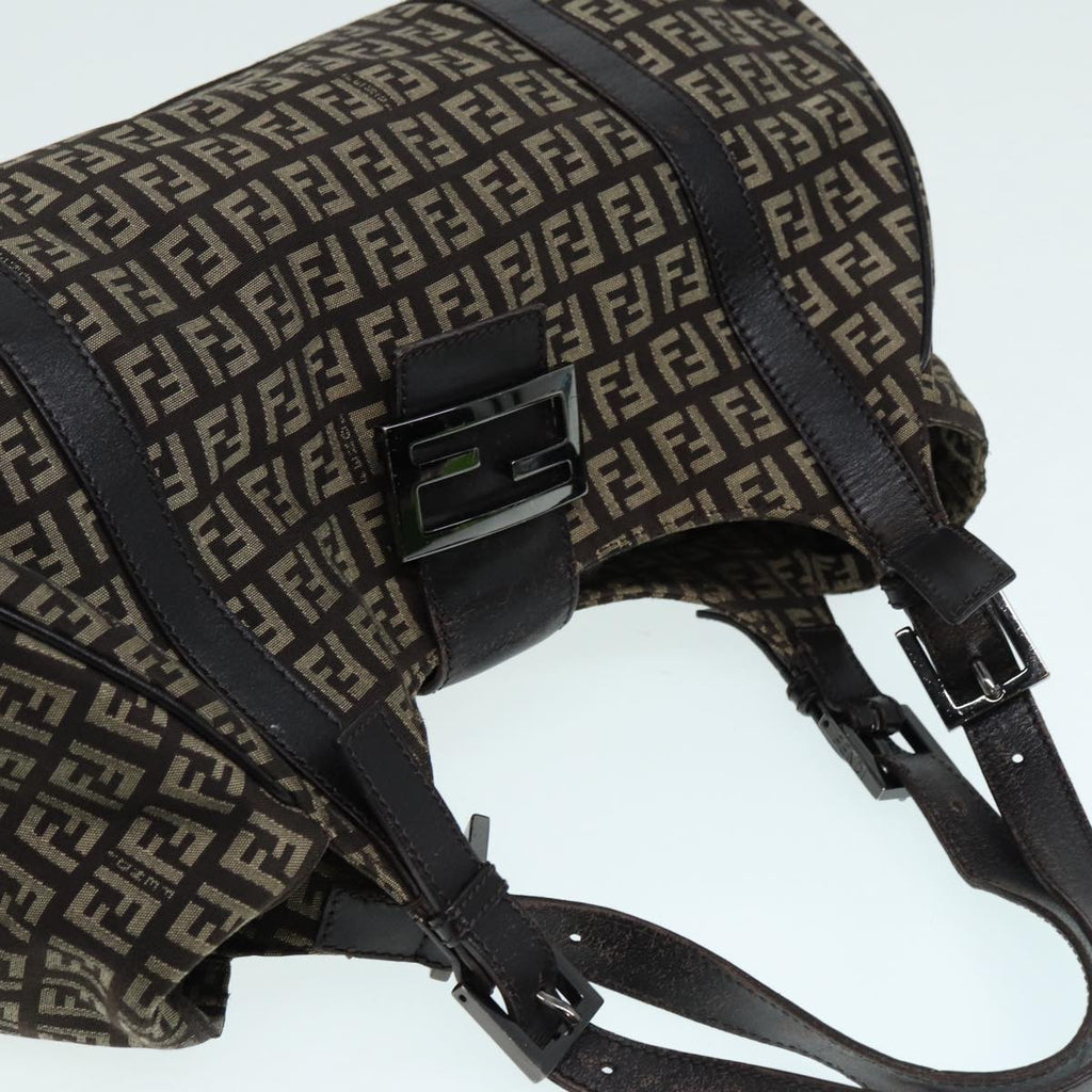 FENDI Zucchino Canvas Mamma Shoulder Bag Brown Black Silver 86710