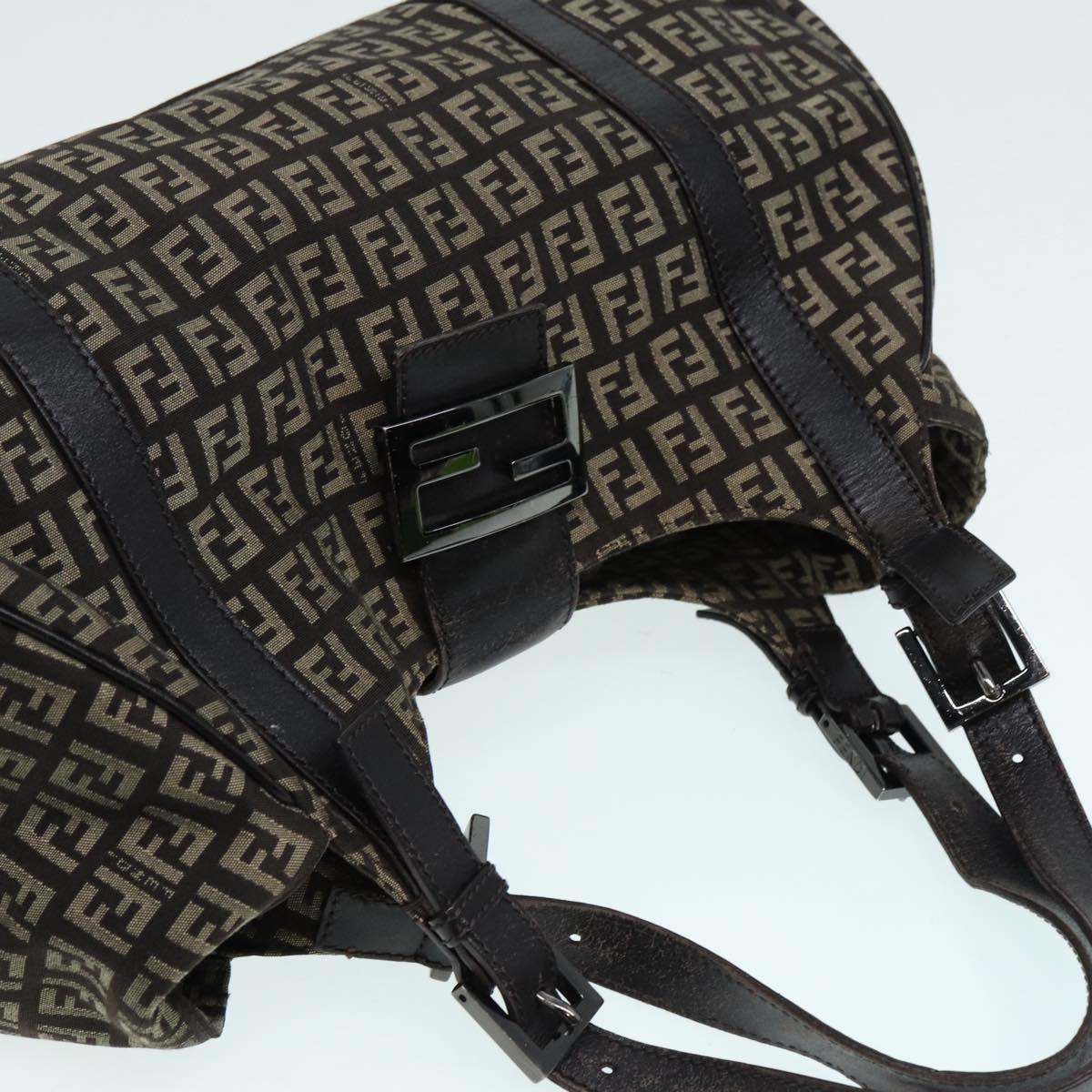 FENDI Zucchino Canvas Mamma Shoulder Bag Brown Black Silver 86710