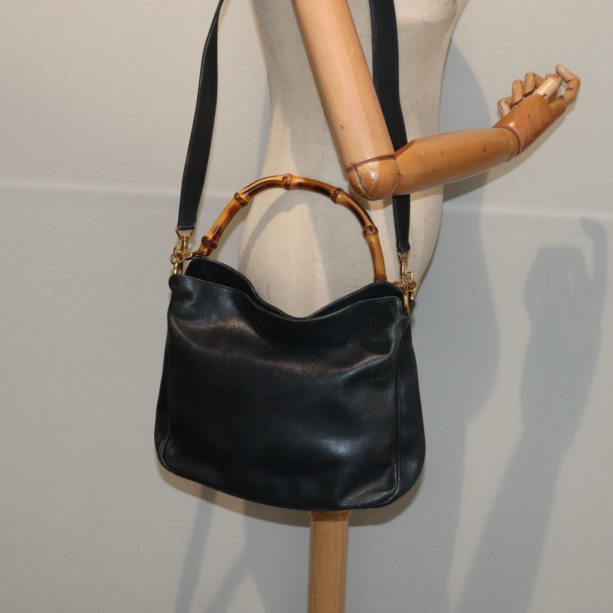GUCCI Bamboo Shoulder Bag Leather 2way Navy Gold 001 1705 1638 86727