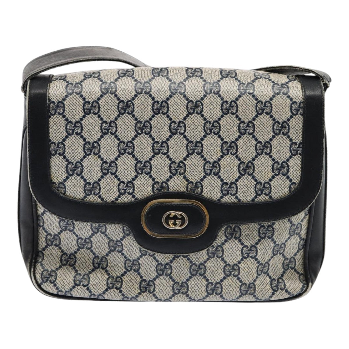 GUCCI GG Supreme Shoulder Bag PVC Leather Navy Gold 86830