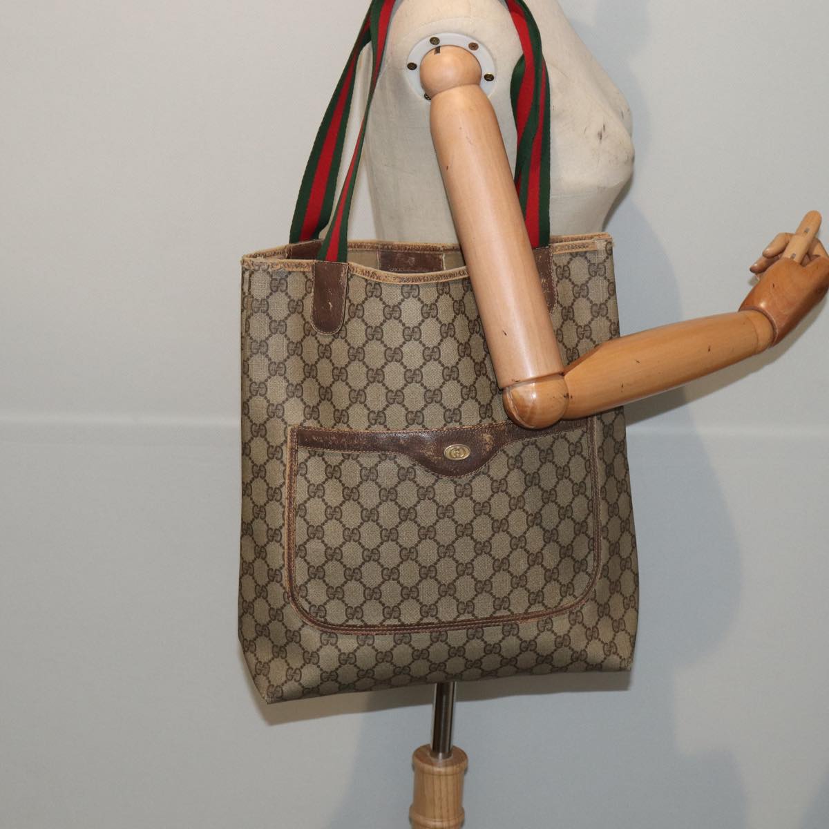 GUCCI GG Supreme Web Sherry Line Tote Bag PVC Red Gold 39 02 003 86918