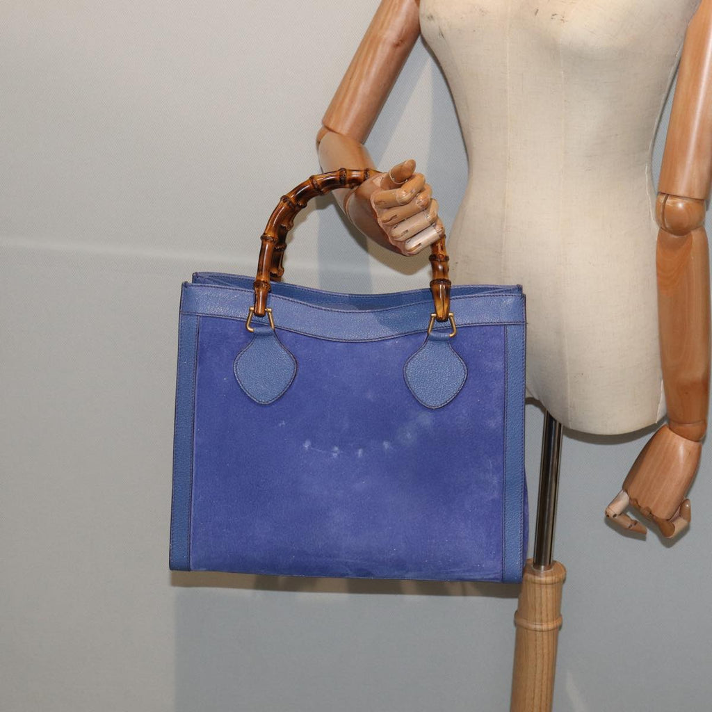 GUCCI Bamboo Hand Bag Suede Leather Blue Gold 002 1186 0260 86922