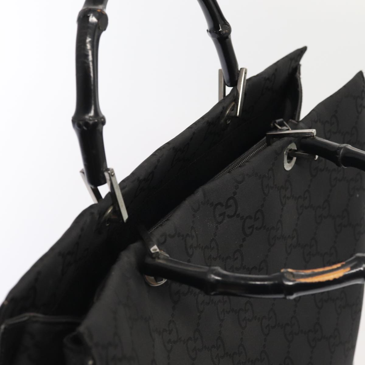GUCCI GG Canvas Bamboo Hand Bag Black Silver 002 1015 86927