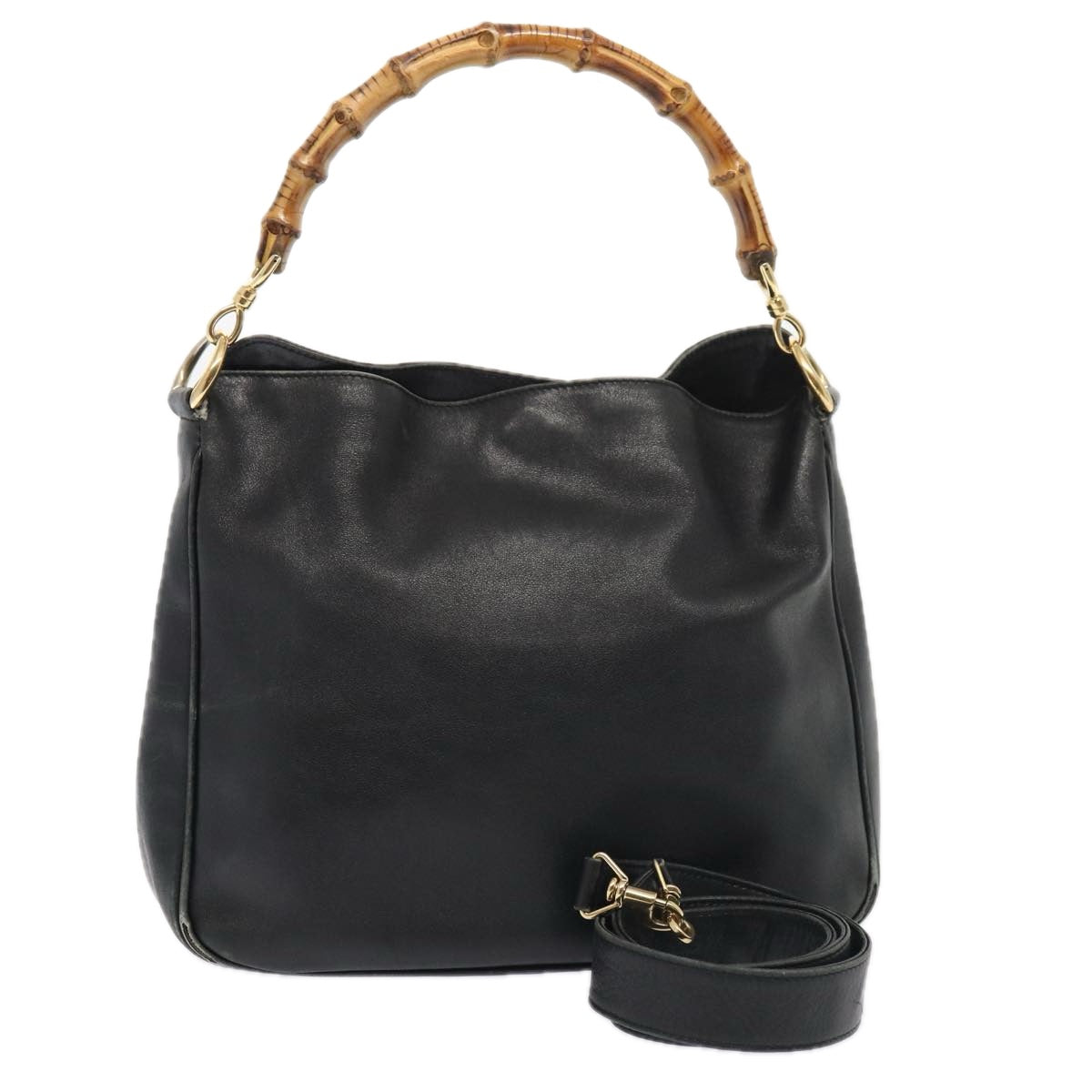 GUCCI Bamboo Hand Bag Leather 2way Black Gold 001 1638 3444 86928