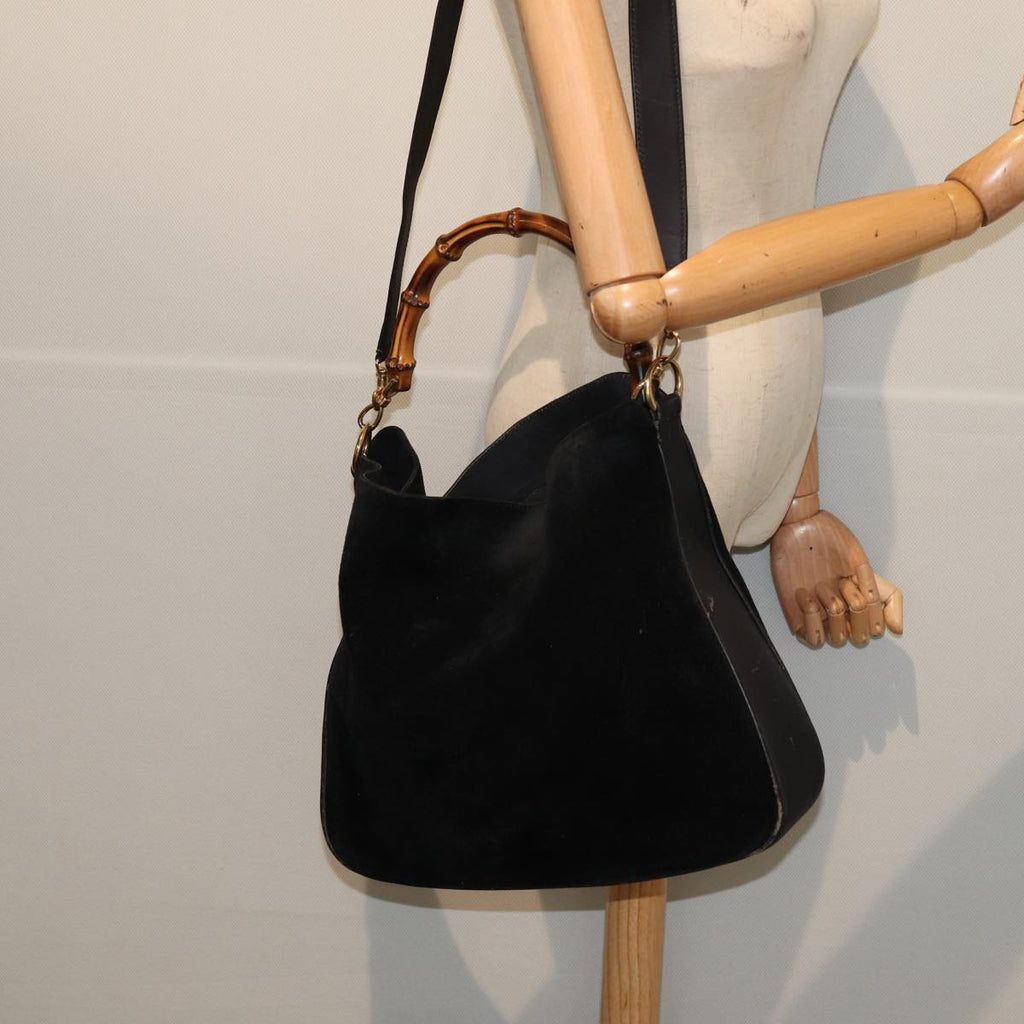 GUCCI Bamboo Hand Bag Suede 2way Black Gold 001 1014 1577 0 86933