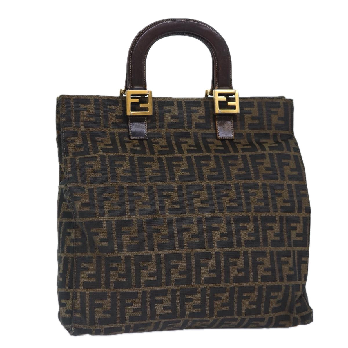 FENDI Zucca Canvas Hand Bag Brown Black gold 86939
