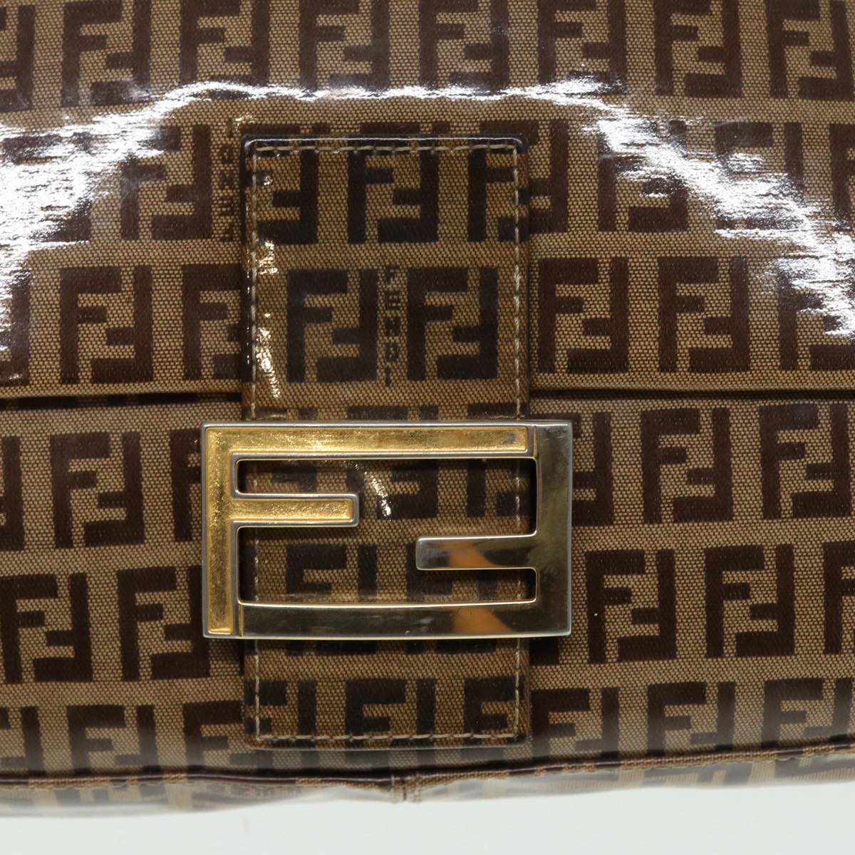 FENDI Zucchino Canvas Mamma Baguette Shoulder Bag Gold Beige 86941