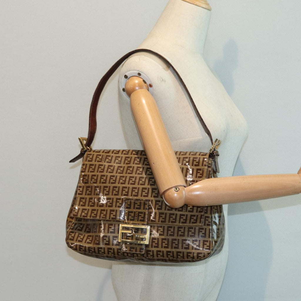 FENDI Zucchino Canvas Mamma Baguette Shoulder Bag Gold Beige 86941