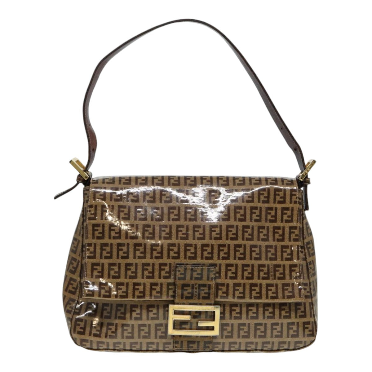 FENDI Zucchino Canvas Mamma Baguette Shoulder Bag Gold Beige 86941
