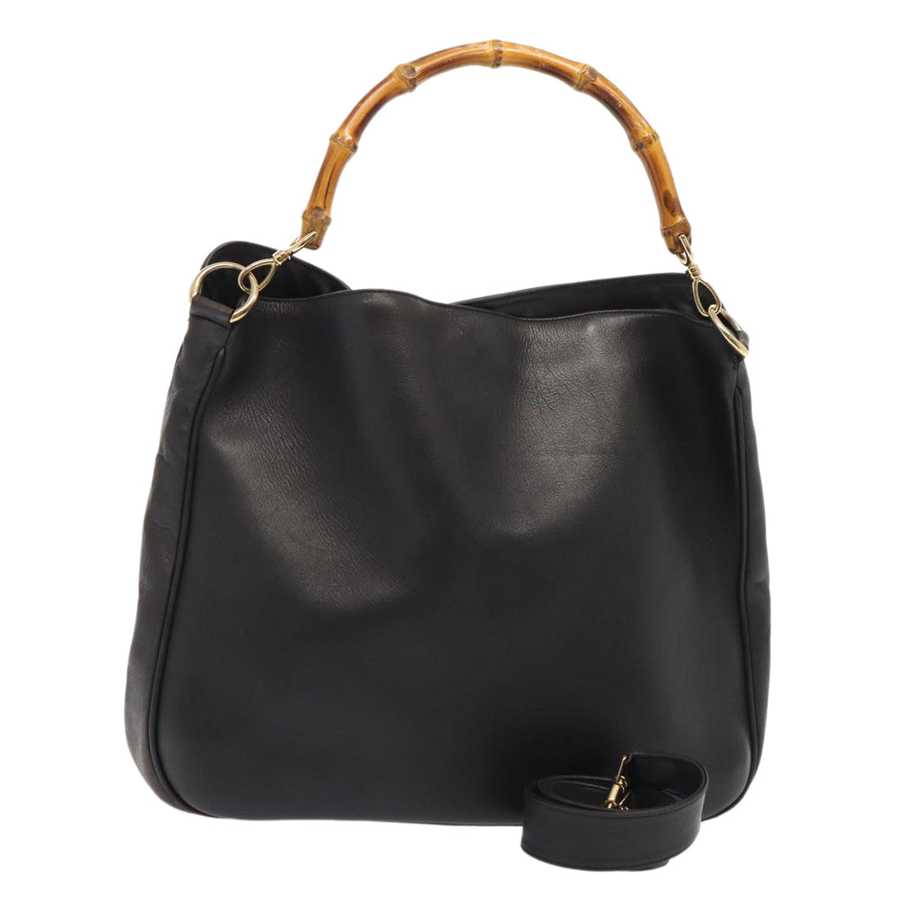 GUCCI Bamboo Hand Bag Leather Outlet 2way Black Gold 86963