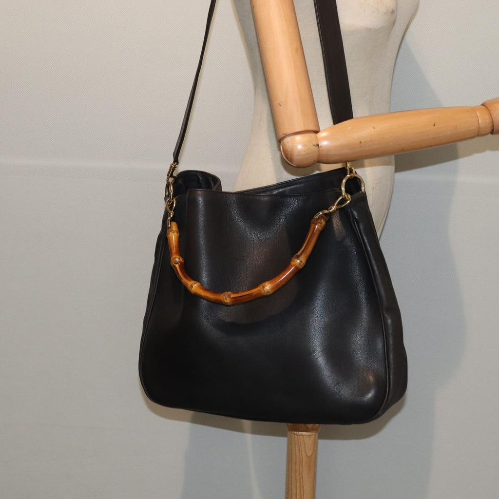 GUCCI Bamboo Hand Bag Leather Outlet 2way Black Gold 86963