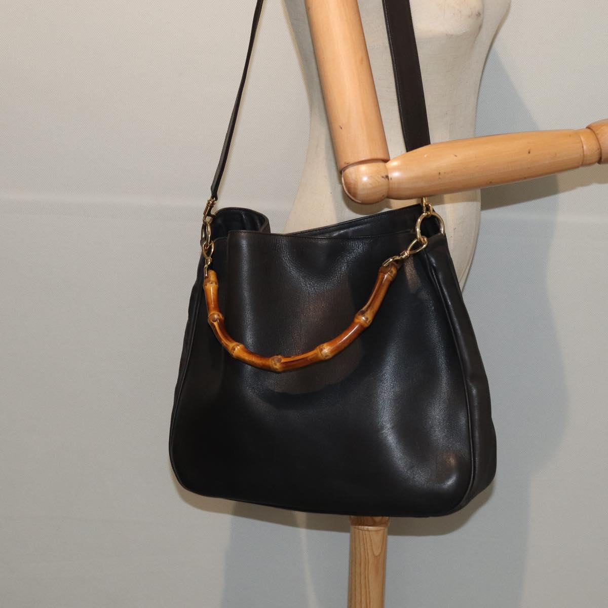 GUCCI Bamboo Hand Bag Leather Outlet 2way Black Gold 86963