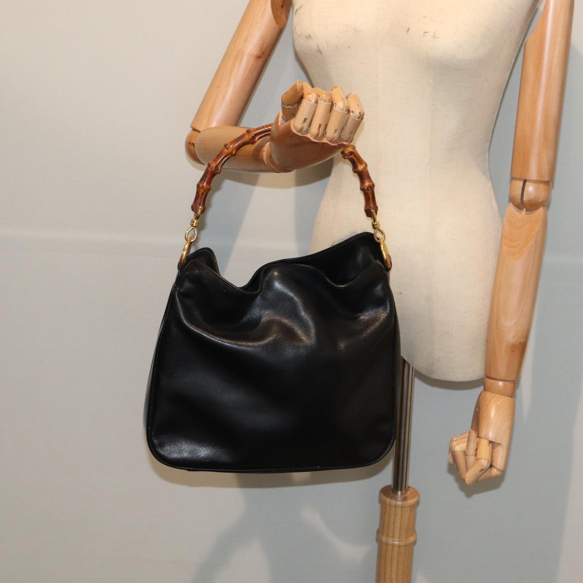 GUCCI Bamboo Hand Bag Leather Black Gold 001 1638 2615 86968
