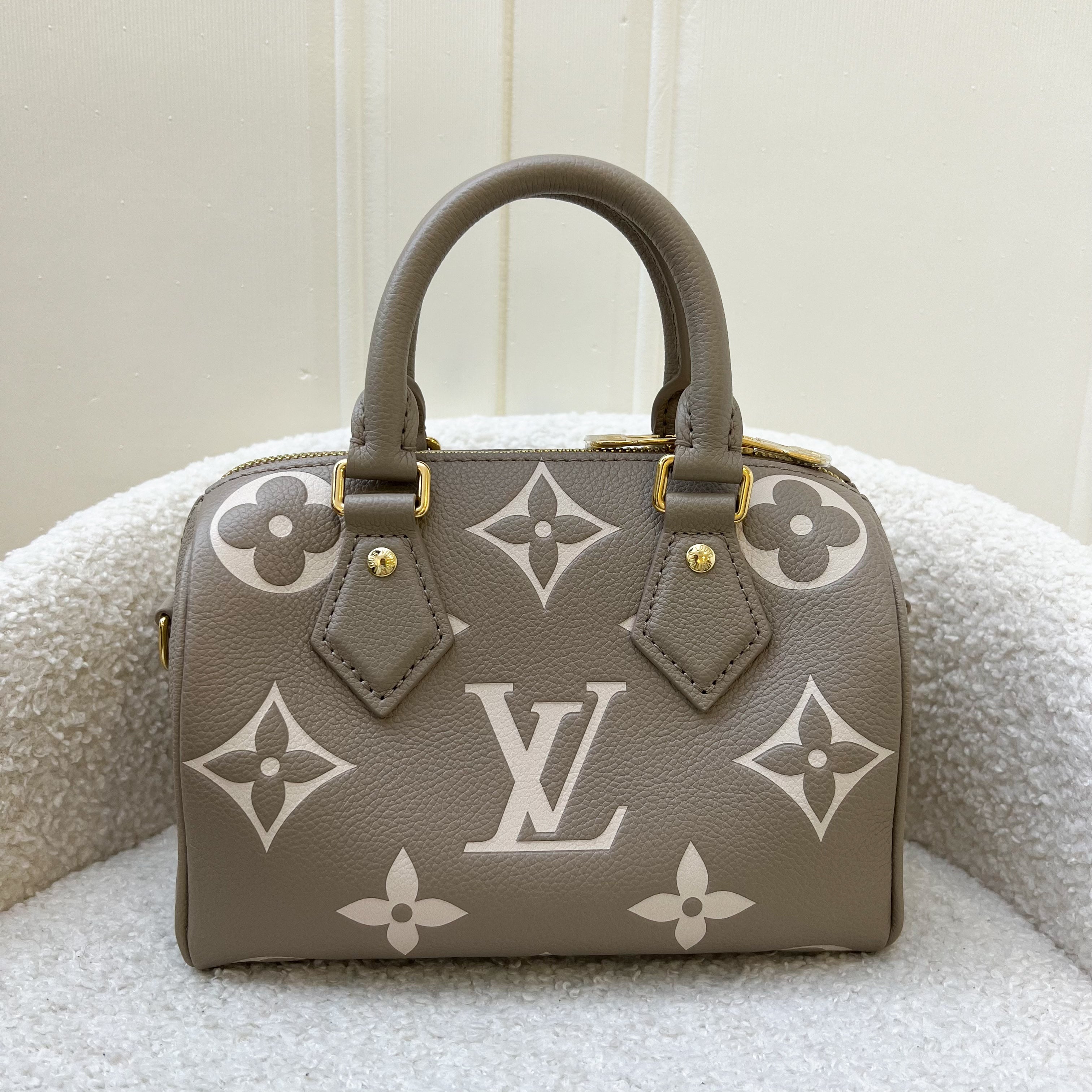 LV Speedy Bandouliere 20 in Tourterelle Giant Monogram Empreinte Leather and GHW