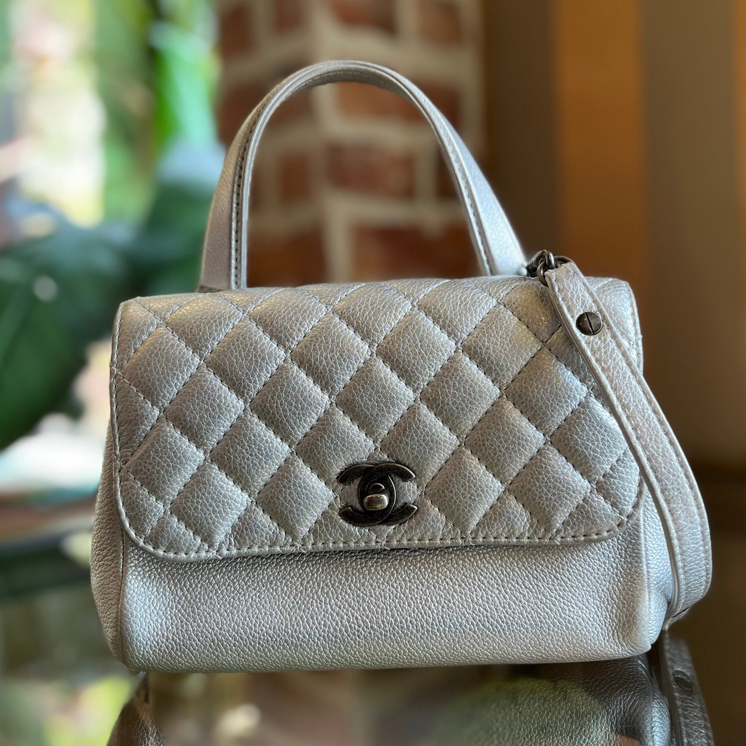 CHANEL Pilot Essentials Small Metallic Calfskin Quilted Top Handle
