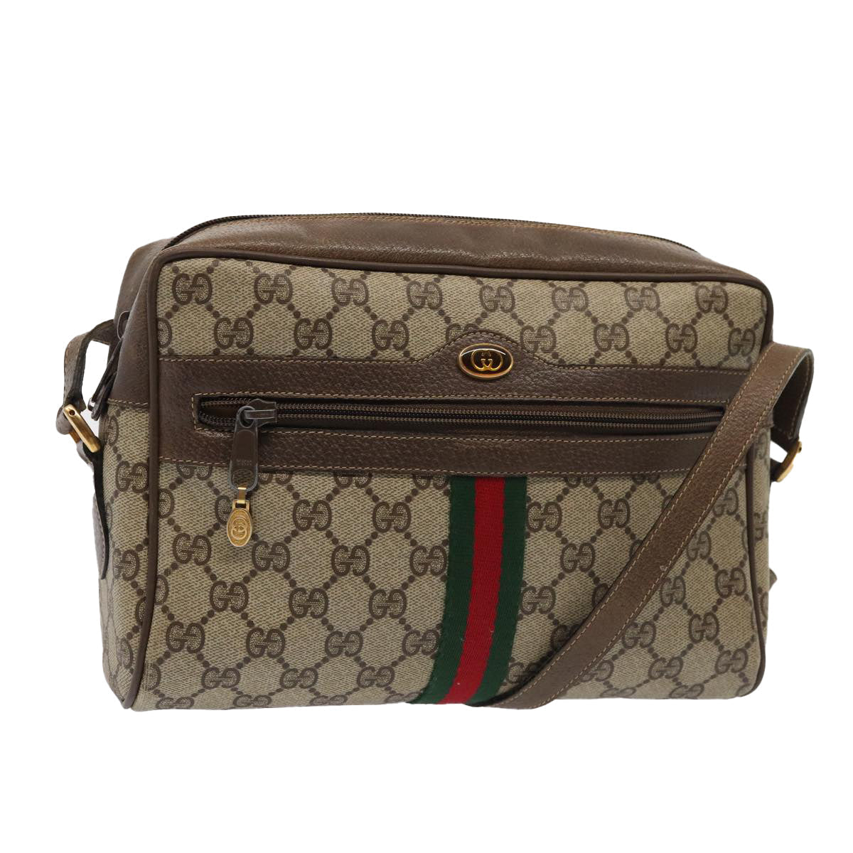 GUCCI GG Supreme Web Sherry Line Shoulder Bag PVC Leather Beige Gold 87052