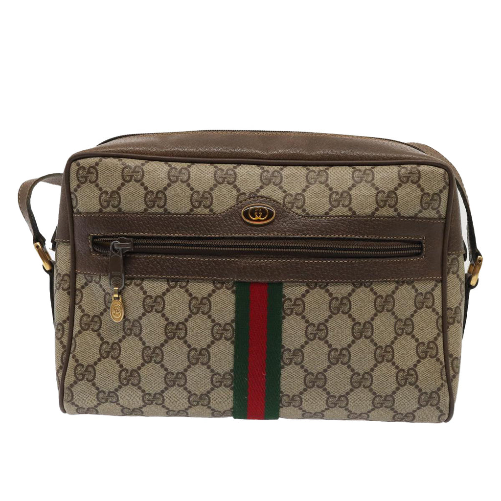GUCCI GG Supreme Web Sherry Line Shoulder Bag PVC Leather Beige Gold 87052