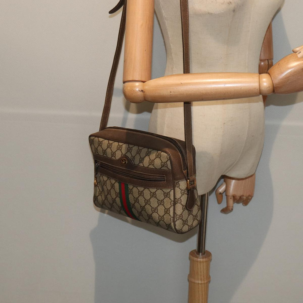 GUCCI GG Supreme Web Sherry Line Shoulder Bag PVC Leather Beige Gold 87052