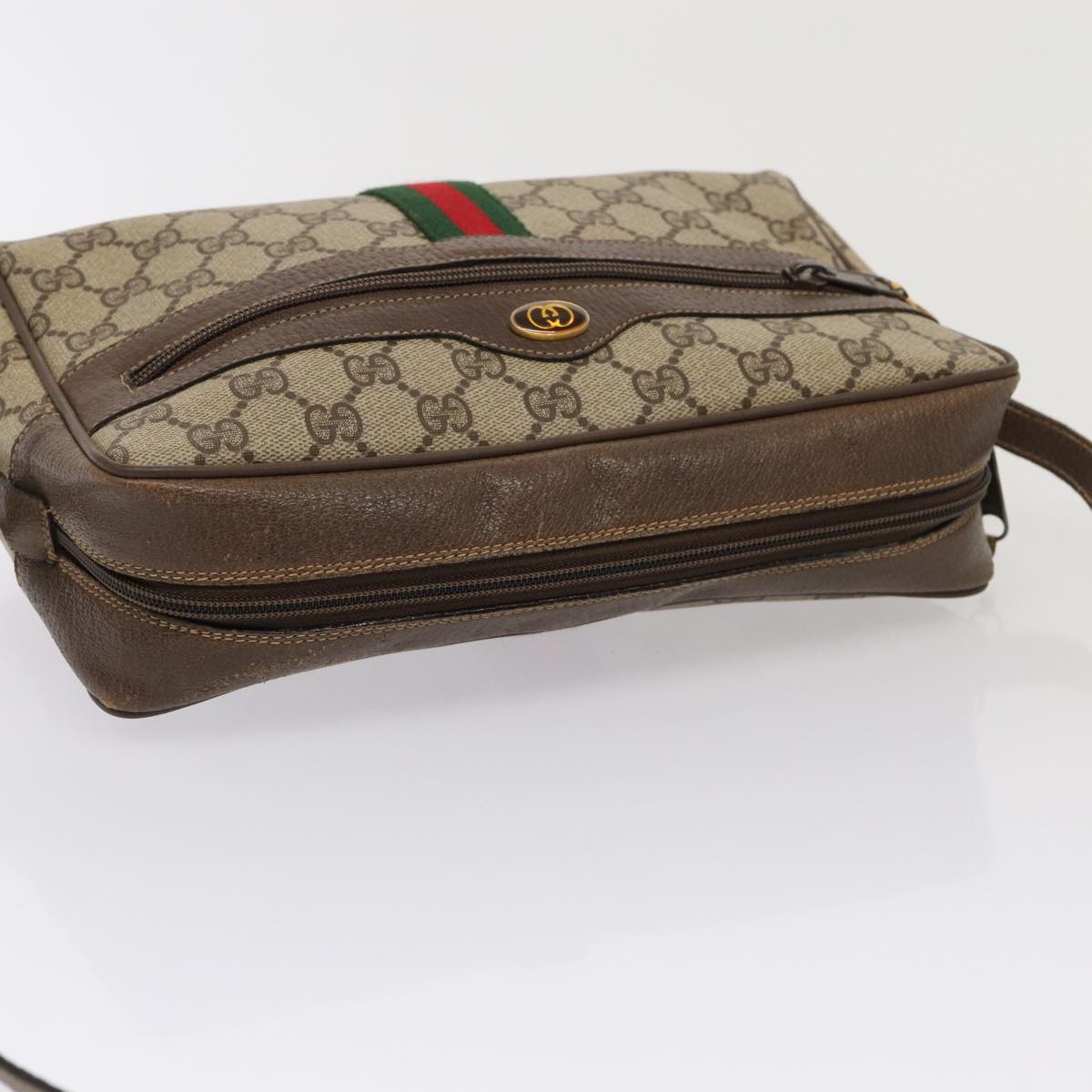 GUCCI GG Supreme Web Sherry Line Shoulder Bag PVC Leather Beige Gold 87052