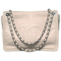 Chanel White Leather Quilted CC logo XL Maxi Classic Top Flap Shoulder Bag