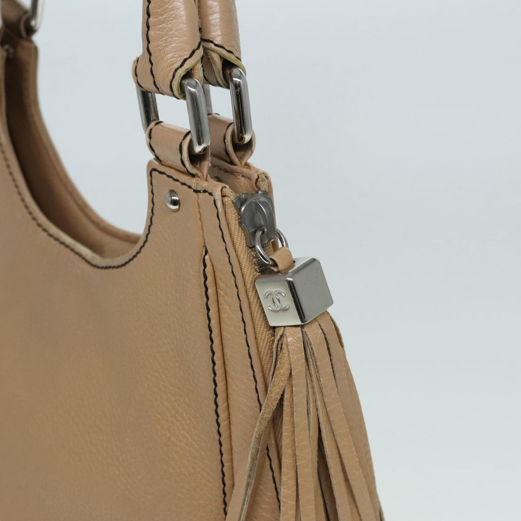 CHANEL Fringe Hand Bag Leather Beige CC 87088